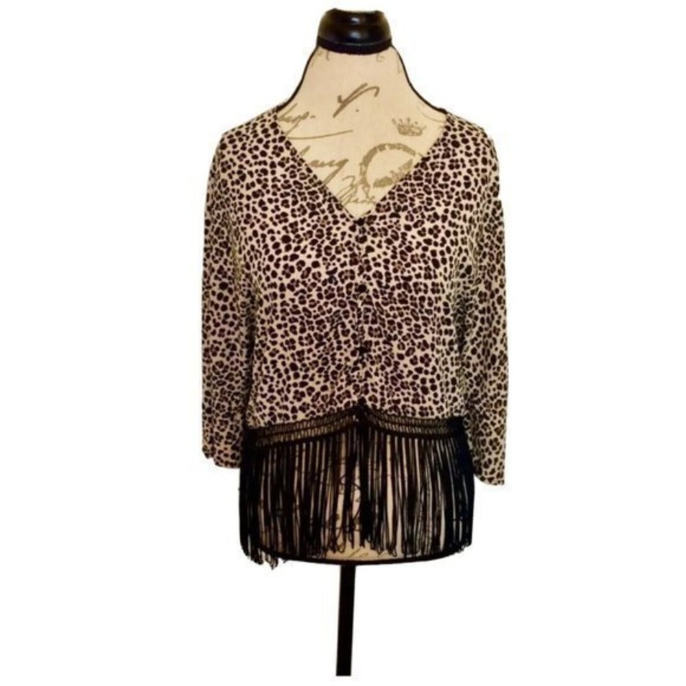 Divided Leopard Print Fringe V-Neck Top in Beige and Black
